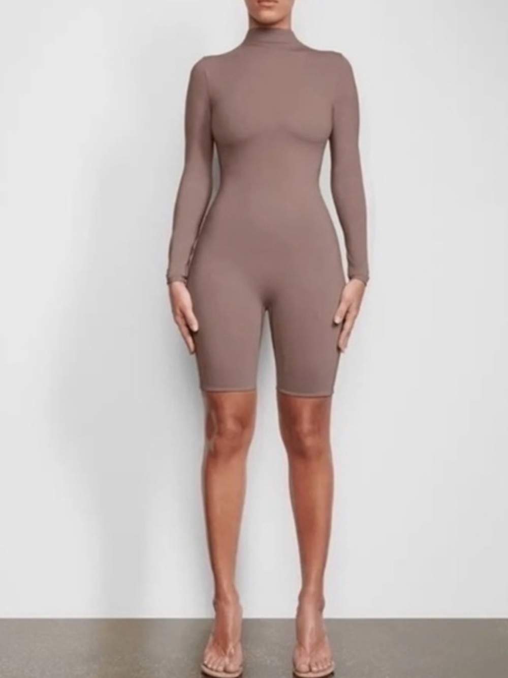 SKIMS Long-Sleeve Mock Neck Bodysuit Romper in Taupe